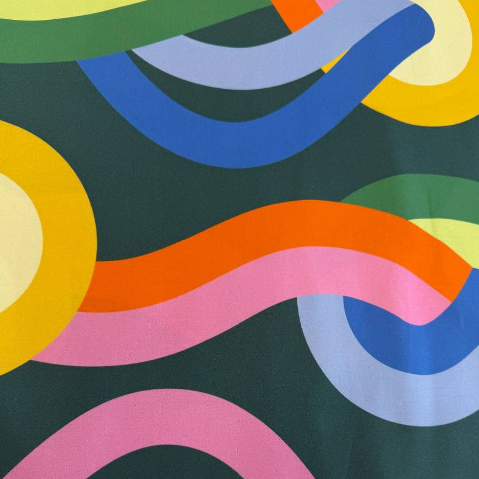 Abstract colorful geometric cotton fabric Groove Moody Multi by Emily Van Hoff for Moda with green blue orange and pink shapes