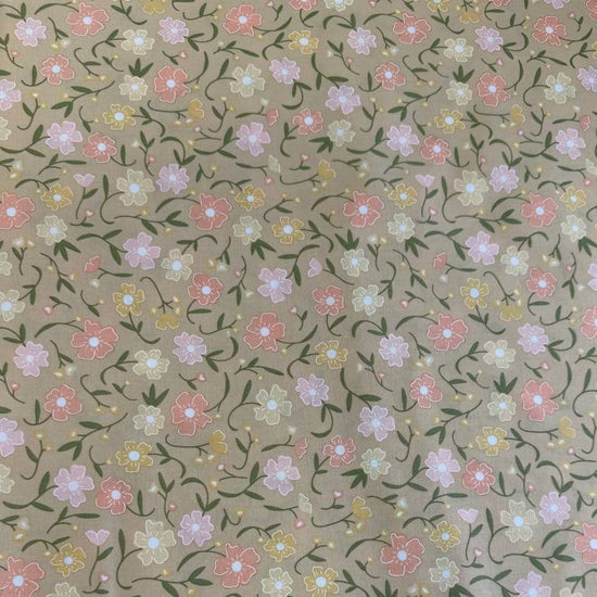 Small peach and cream floral cotton fabric on wheat beige background – Flower Girl by My Sew Quilty Life for Moda