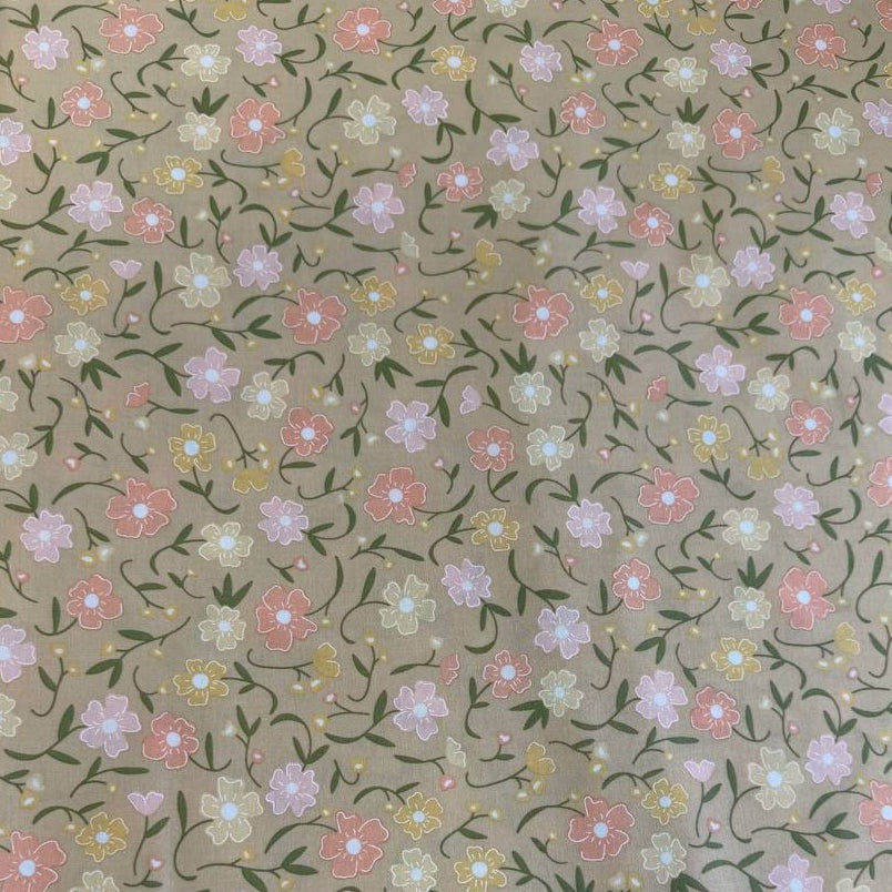 Small peach and cream floral cotton fabric on wheat beige background – Flower Girl by My Sew Quilty Life for Moda