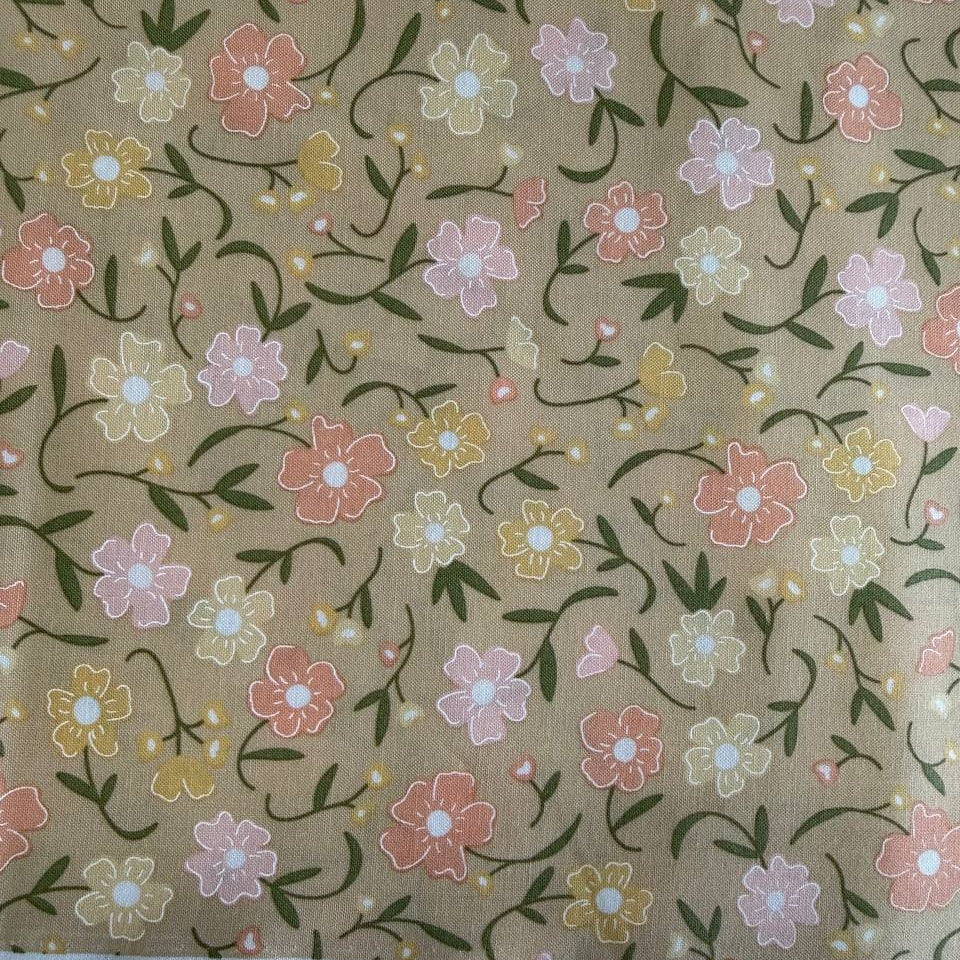 Small peach and cream floral cotton fabric on wheat beige background – Flower Girl by My Sew Quilty Life for Moda