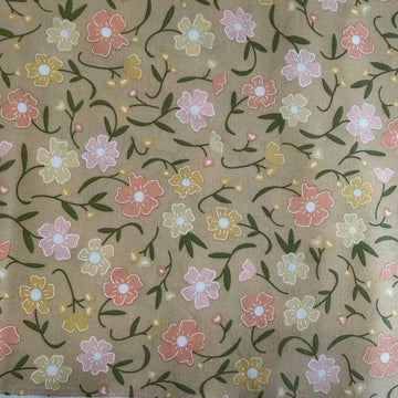 Small peach and cream floral cotton fabric on wheat beige background – Flower Girl by My Sew Quilty Life for Moda