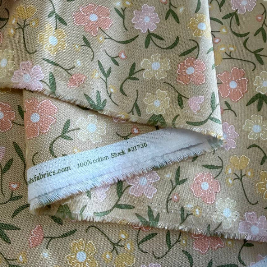 Small peach and cream floral cotton fabric on wheat beige background – Flower Girl by My Sew Quilty Life for Moda