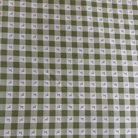 Green gingham cotton fabric with small yellow flowers, Flower Girl by My Sew Quilty Life for Moda, Prairie print