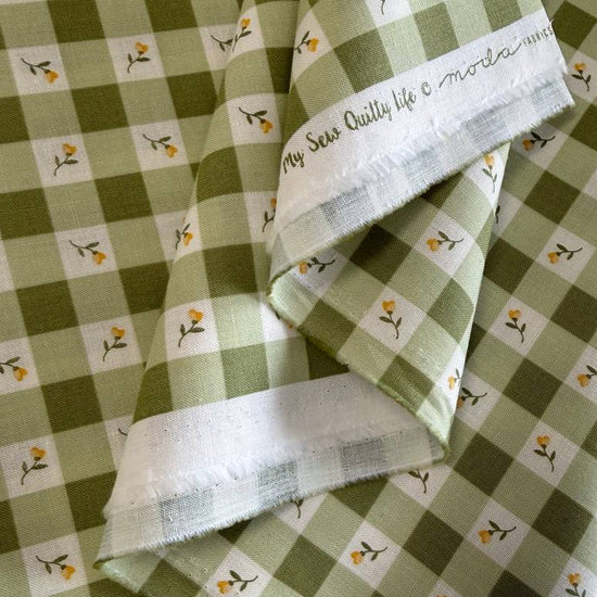 Green gingham cotton fabric with small yellow flowers, Flower Girl by My Sew Quilty Life for Moda, Prairie print