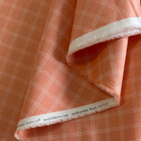 Peach cotton quilting fabric with white plaid lines from Flower Girl collection by My Sew Quilty Life for Moda