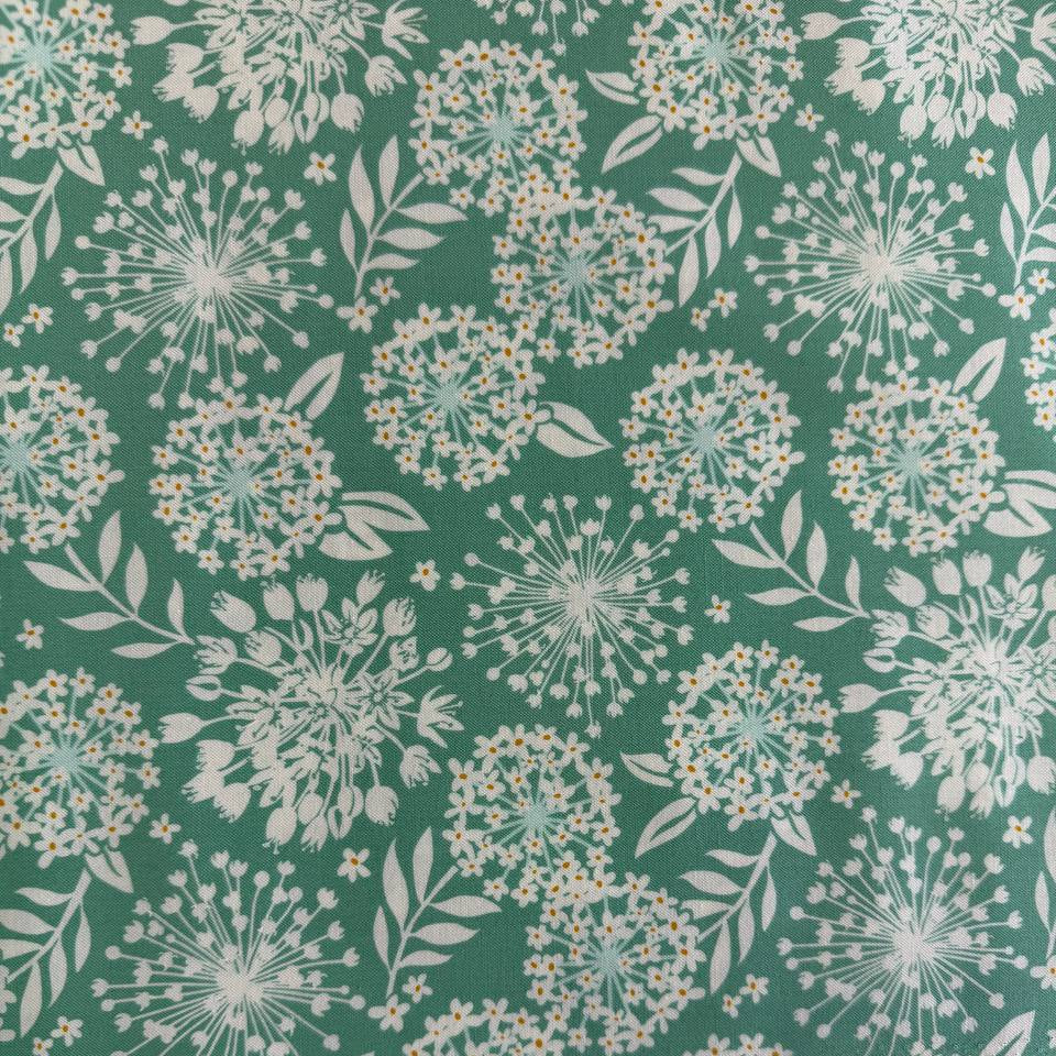 Moda Tango by Kate Spain Sea 527332-23 green cotton fabric with white floral burst print