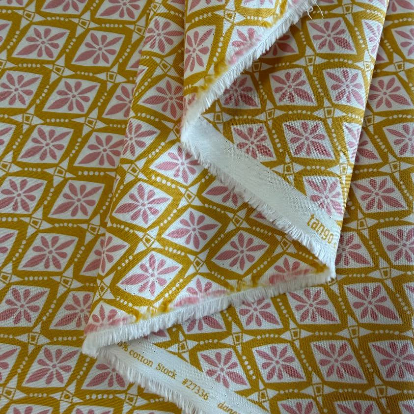 Yellow and pink geometric floral cotton fabric Tango by Kate Spain for Moda Sunshine 527336-17