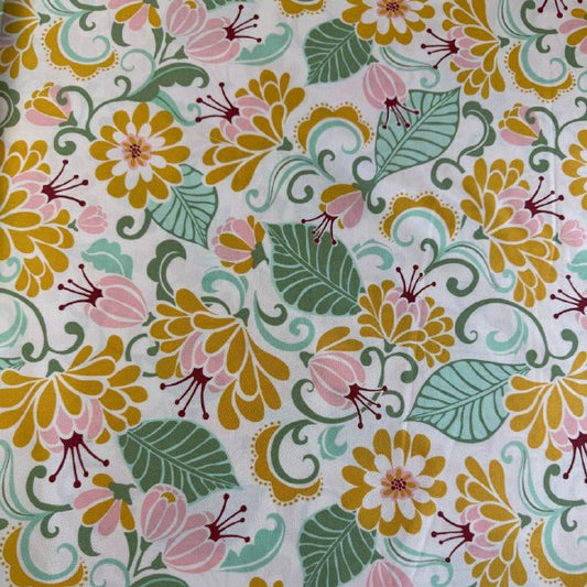 Cream floral cotton fabric with yellow and pink flowers Tango by Kate Spain for Moda 527330-31