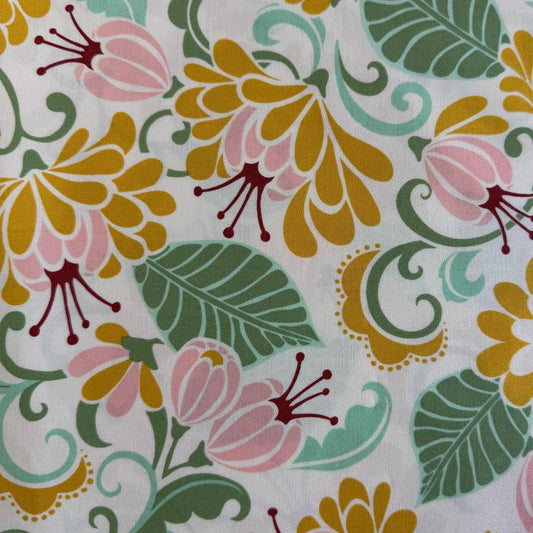 Cream floral cotton fabric with yellow and pink flowers Tango by Kate Spain for Moda 527330-31