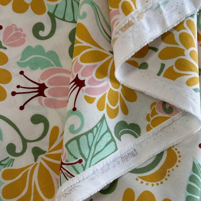 Cream floral cotton fabric with yellow and pink flowers Tango by Kate Spain for Moda 527330-31
