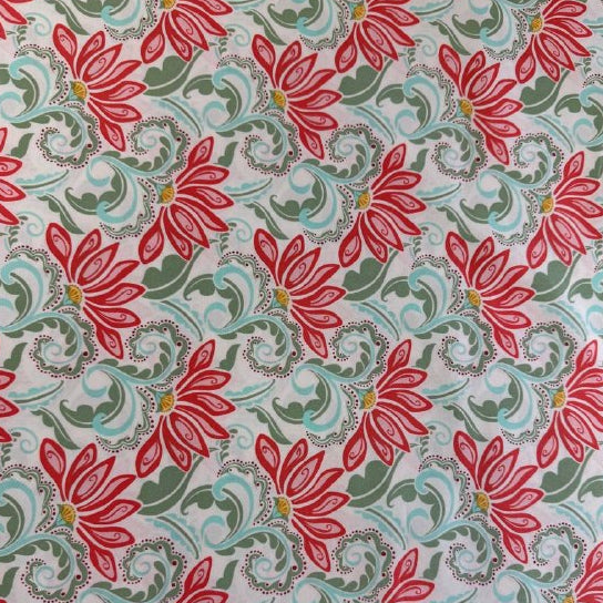 Cream floral cotton fabric with red tangerine flowers and green leaves Tango by Kate Spain Moda 527331-11