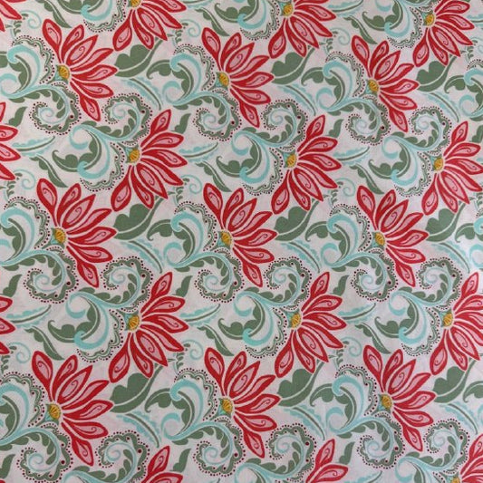 Cream floral cotton fabric with red tangerine flowers and green leaves Tango by Kate Spain Moda 527331-11