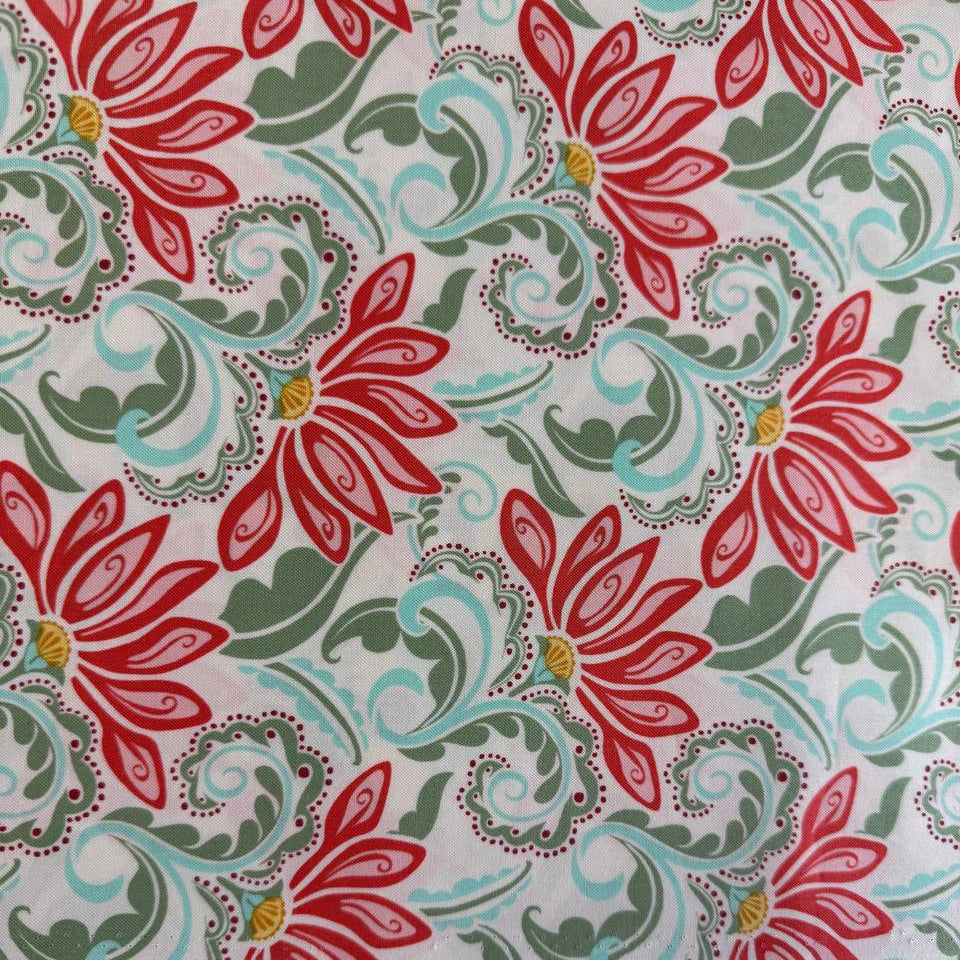 Cream floral cotton fabric with red tangerine flowers and green leaves Tango by Kate Spain Moda 527331-11