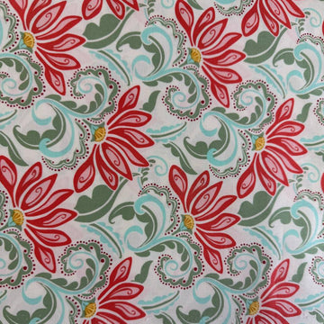 Cream floral cotton fabric with red tangerine flowers and green leaves Tango by Kate Spain Moda 527331-11