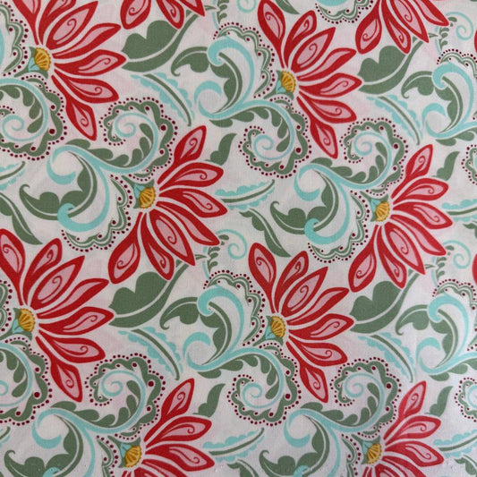 Cream floral cotton fabric with red tangerine flowers and green leaves Tango by Kate Spain Moda 527331-11