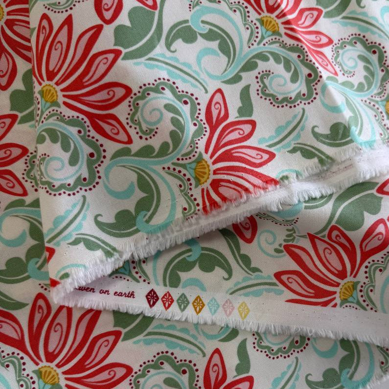 Cream floral cotton fabric with red tangerine flowers and green leaves Tango by Kate Spain Moda 527331-11