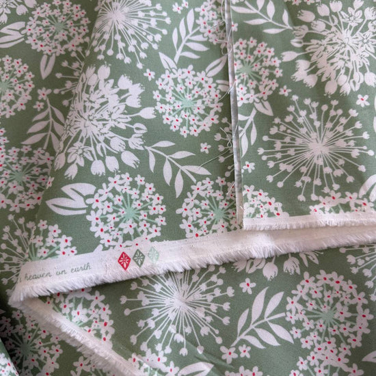 Sage green cotton fabric with white floral print Tango by Kate Spain Moda 527332-20
