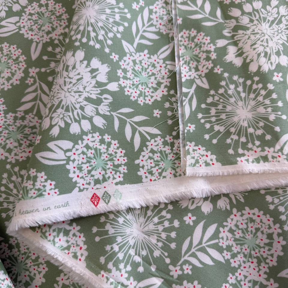 Sage green cotton fabric with white floral print Tango by Kate Spain Moda 527332-20