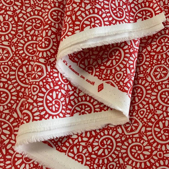 Red geometric cotton fabric Tango by Kate Spain Moda tangerine print