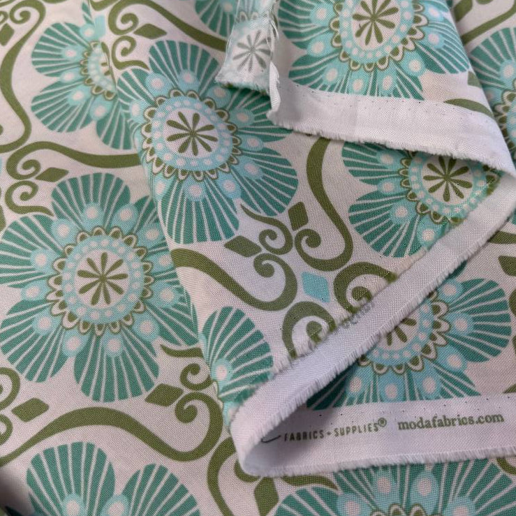 Cream sea green floral geometric cotton fabric Tango by Kate Spain Moda