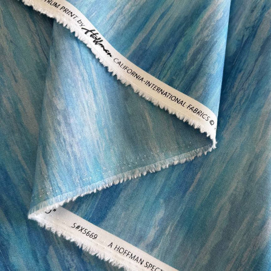 Blue textured cotton fabric Lakeside Echo Hoffman lake watercolor