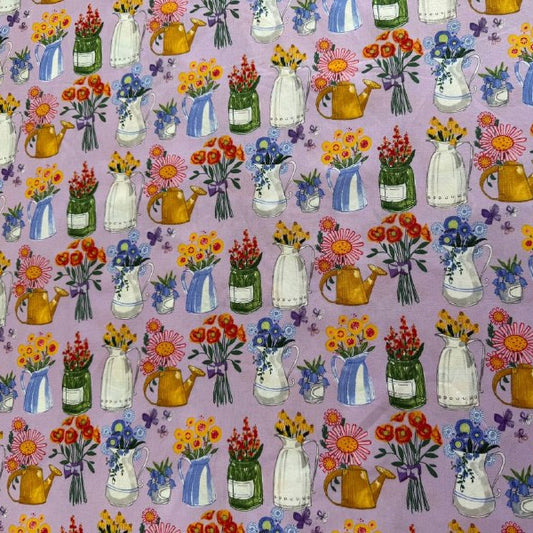 Superbloom Freesia cotton fabric by Robin Pickens for Moda with colorful flowers watering cans and jars on light purple background