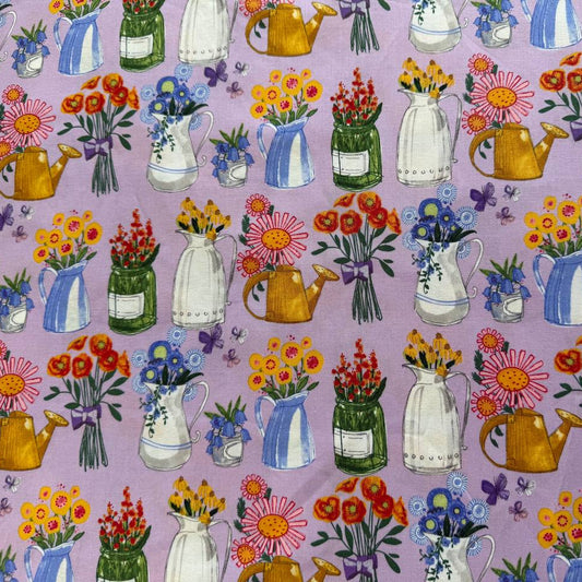 Superbloom Freesia cotton fabric by Robin Pickens for Moda with colorful flowers watering cans and jars on light purple background