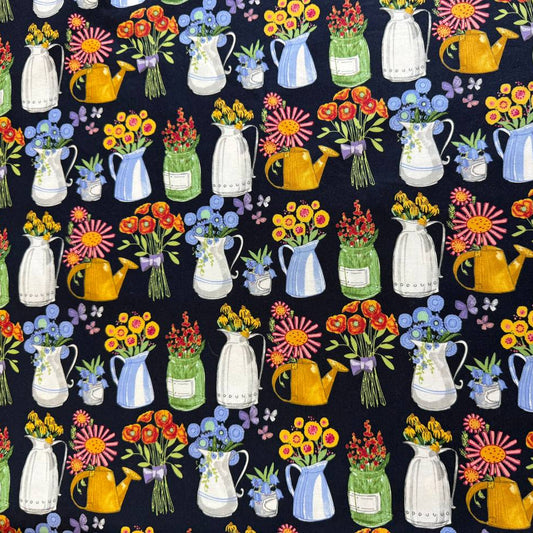 Superbloom fabric by Robin Pickens for Moda featuring colorful flowers in jars on navy background