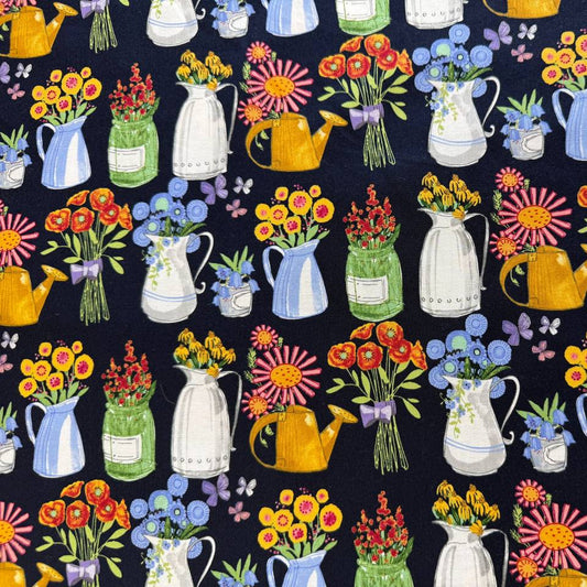 Superbloom fabric by Robin Pickens for Moda featuring colorful flowers in jars on navy background