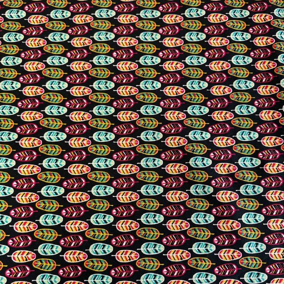 Emma & Mila BF Feathers black quilting cotton fabric with colorful geometric feather print