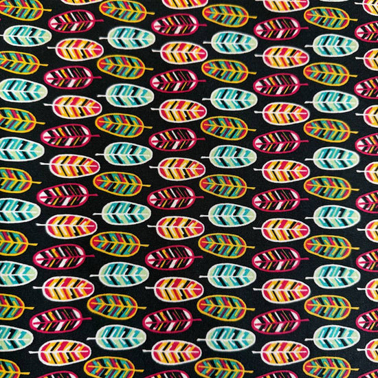 Emma & Mila BF Feathers black quilting cotton fabric with colorful geometric feather print