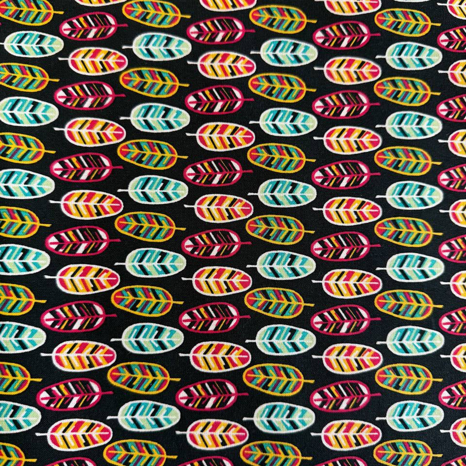 Emma & Mila BF Feathers black quilting cotton fabric with colorful geometric feather print