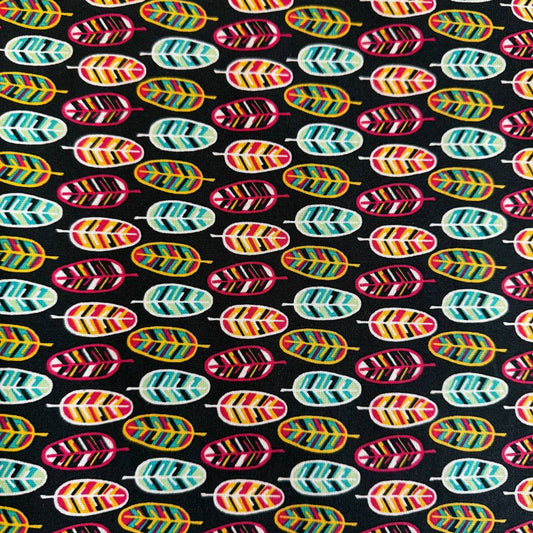 Emma & Mila BF Feathers black quilting cotton fabric with colorful geometric feather print