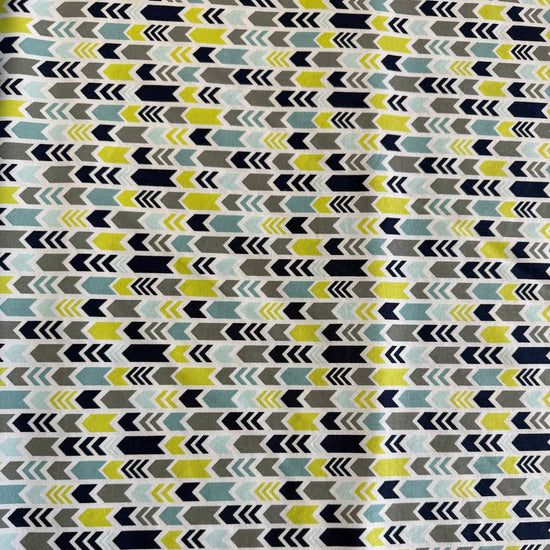 Modern arrows quilting cotton fabric in navy grey aqua and lime on white background