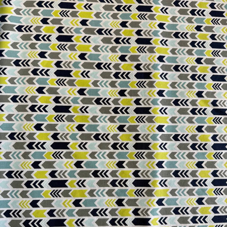 Modern arrows quilting cotton fabric in navy grey aqua and lime on white background