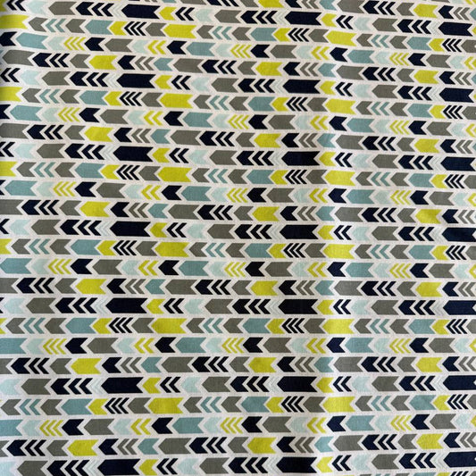 Modern arrows quilting cotton fabric in navy grey aqua and lime on white background