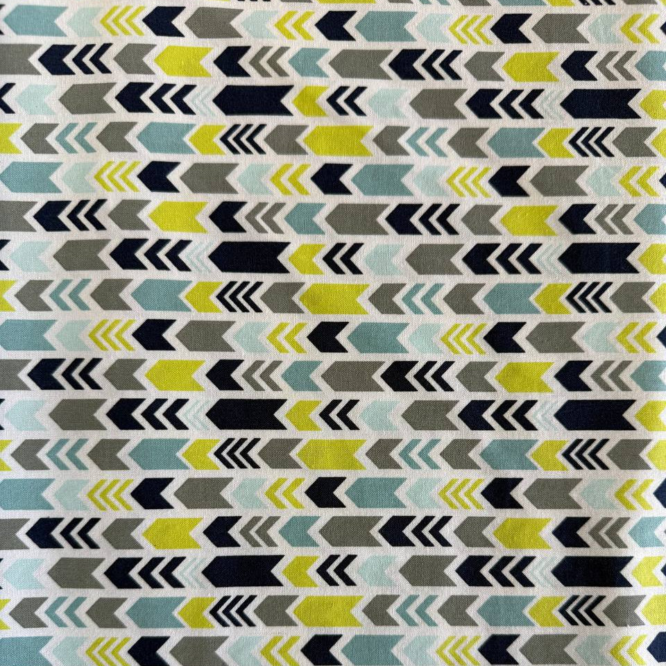 Modern arrows quilting cotton fabric in navy grey aqua and lime on white background