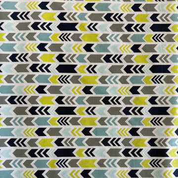 Modern arrows quilting cotton fabric in navy grey aqua and lime on white background