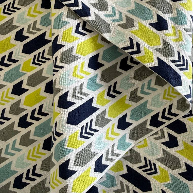 Modern arrows quilting cotton fabric in navy grey aqua and lime on white background