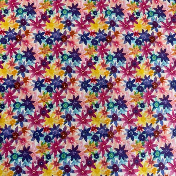 Flower Patches 1827-11 multi floral quilting cotton by Amarilys Henderson for Moda Fabrics, colorful star-shaped flowers on light pink background