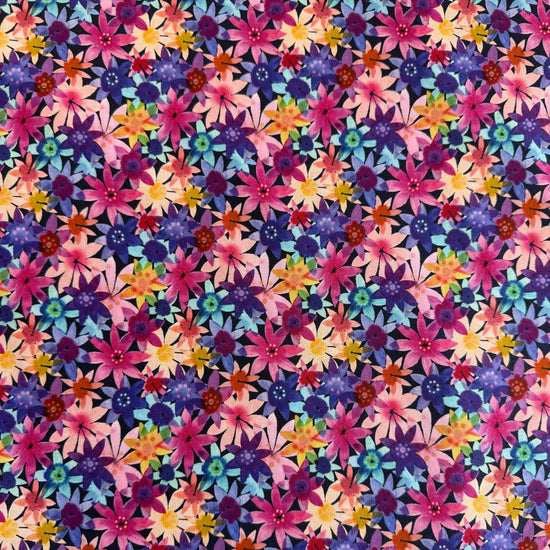 Colorful watercolor floral cotton fabric with layered pink, purple, blue, yellow and coral flowers on dark background – Flower Patches by Amarilys Henderson for Moda