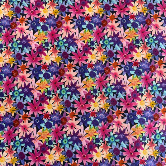 Colorful watercolor floral cotton fabric with layered pink, purple, blue, yellow and coral flowers on dark background – Flower Patches by Amarilys Henderson for Moda
