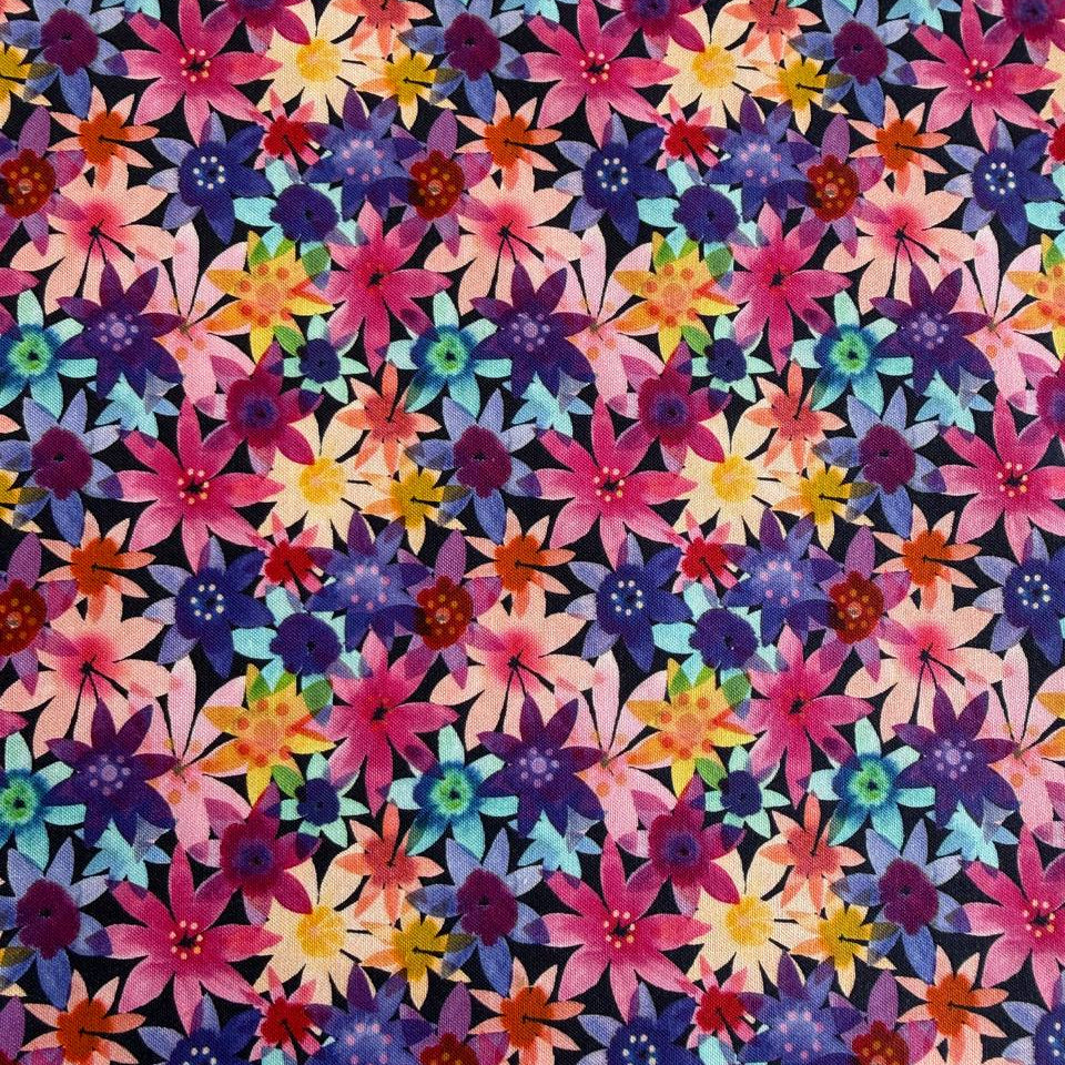 Colorful watercolor floral cotton fabric with layered pink, purple, blue, yellow and coral flowers on dark background – Flower Patches by Amarilys Henderson for Moda