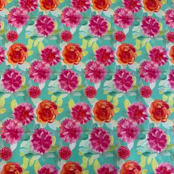 Large pink and coral floral quilting cotton fabric on aqua background by Amarilys Henderson Flower Patches Moda 1823-18