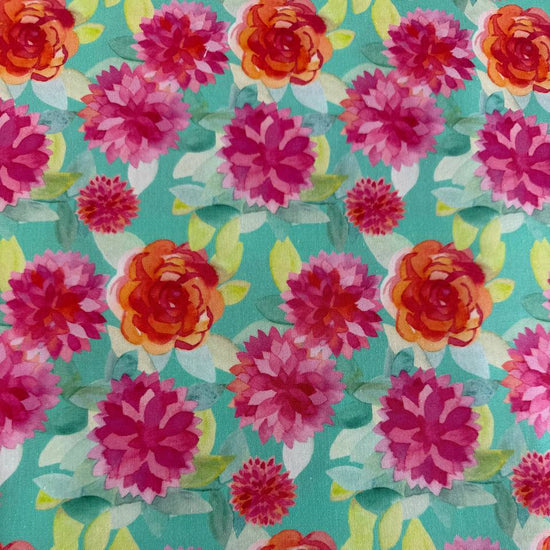 Large pink and coral floral quilting cotton fabric on aqua background by Amarilys Henderson Flower Patches Moda 1823-18