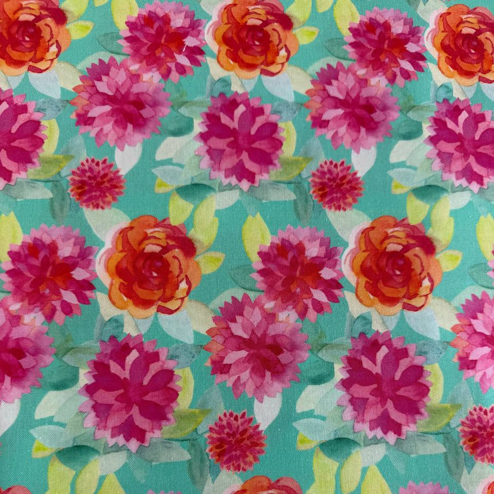 Large pink and coral floral quilting cotton fabric on aqua background by Amarilys Henderson Flower Patches Moda 1823-18