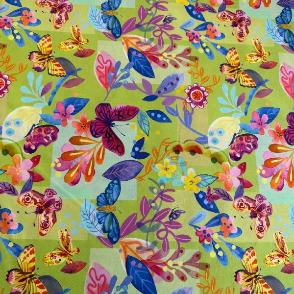 Flower Patches fabric by Amarilys Henderson for Moda, colorful butterfly floral patchwork on green background quilting cotton 521820-15