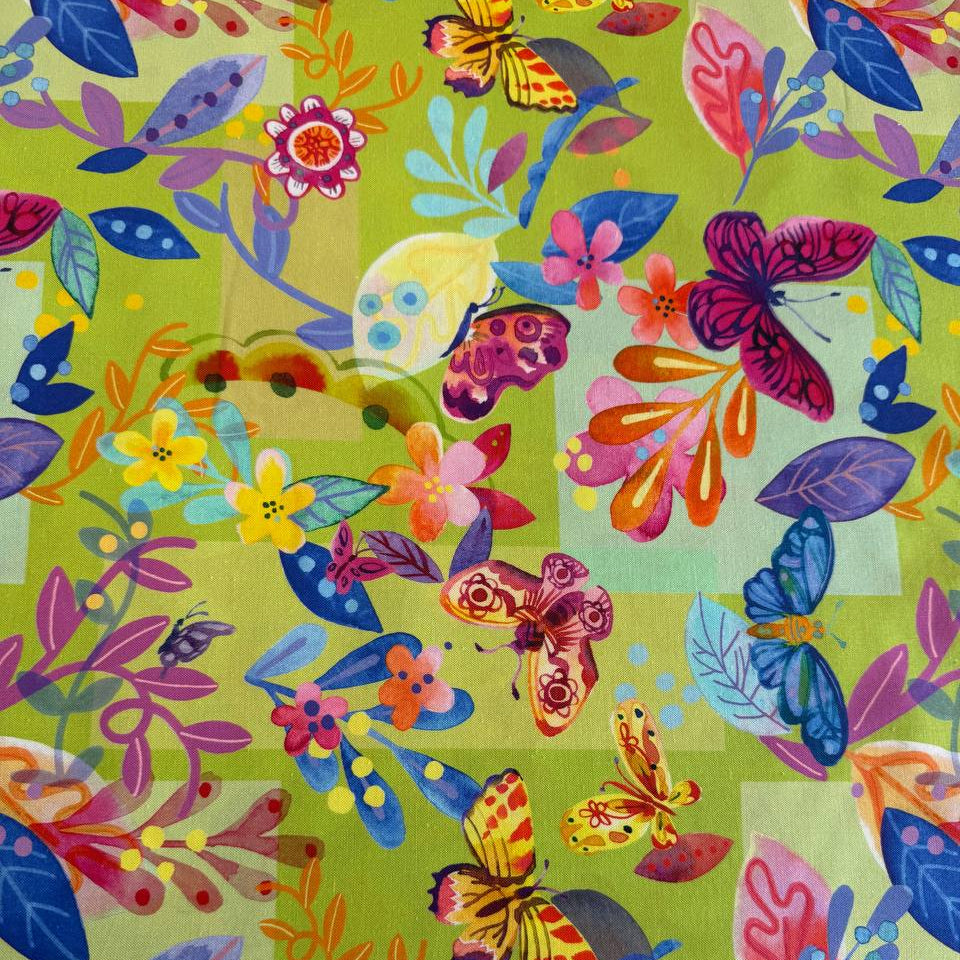 Flower Patches fabric by Amarilys Henderson for Moda, colorful butterfly floral patchwork on green background quilting cotton 521820-15