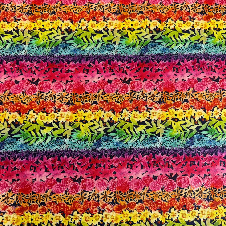 Flower Patches fabric by Amarilys Henderson for Moda, rainbow floral stripe on dark background quilting cotton 521825-12