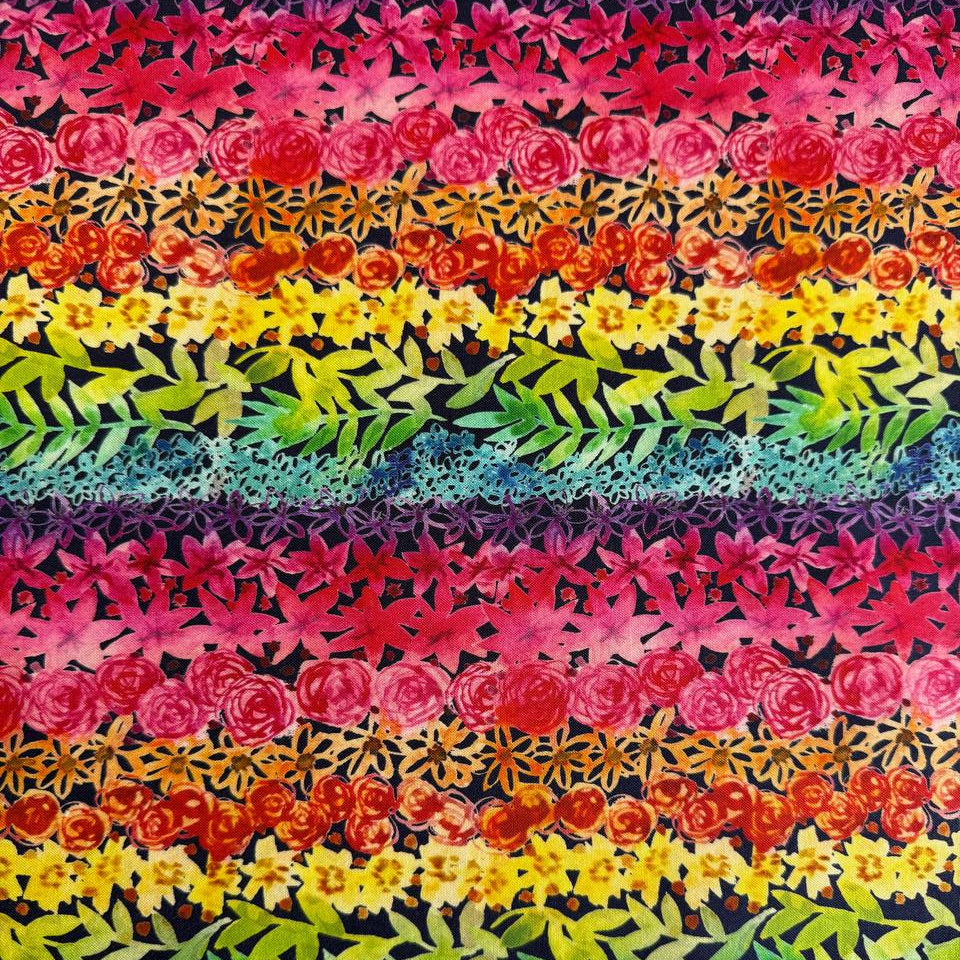 Flower Patches fabric by Amarilys Henderson for Moda, rainbow floral stripe on dark background quilting cotton 521825-12